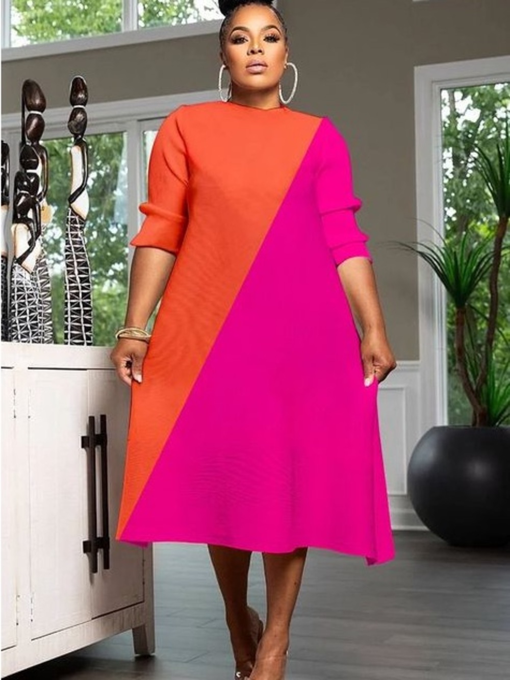 Diagonal Colorblock Midi Dress in Pink and Orange- NWT